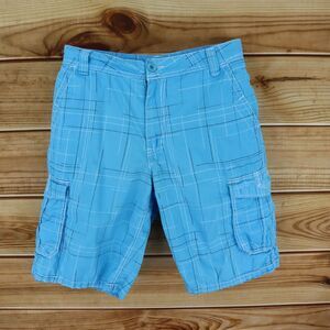 Machine Bermuda Short Mens Sz 32 Blue Plaid 100% Cotton Cargo Pockets Belt Loops